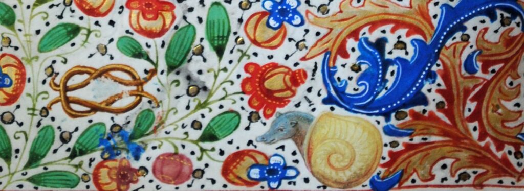 A close-up of the illuminations in a medieval manuscript from the Queen’s collection. The illumination feature tiny, finely painted leaves and flowers, a small snail-like creature, and gilded dots used to fill the spaces.
