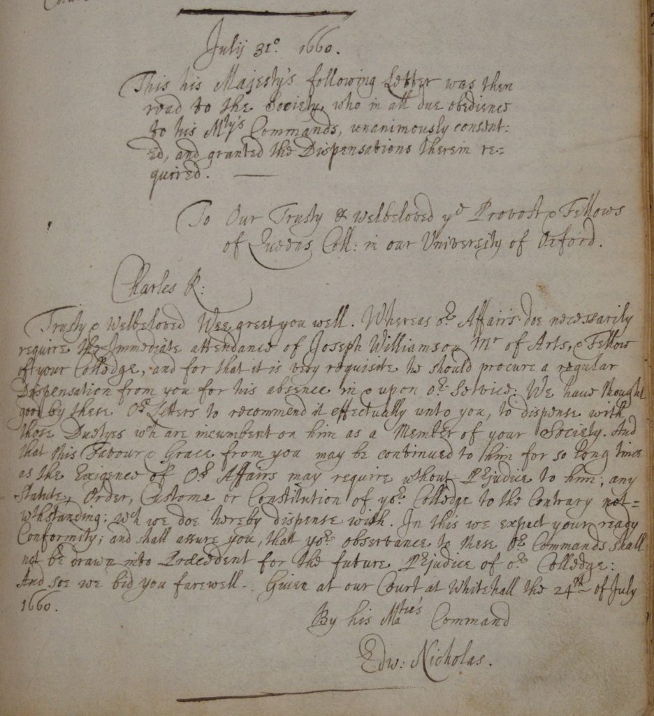 A manuscript letter, written in a flowing italic hand, written on behalf of Charles II concerning Williamson's service.