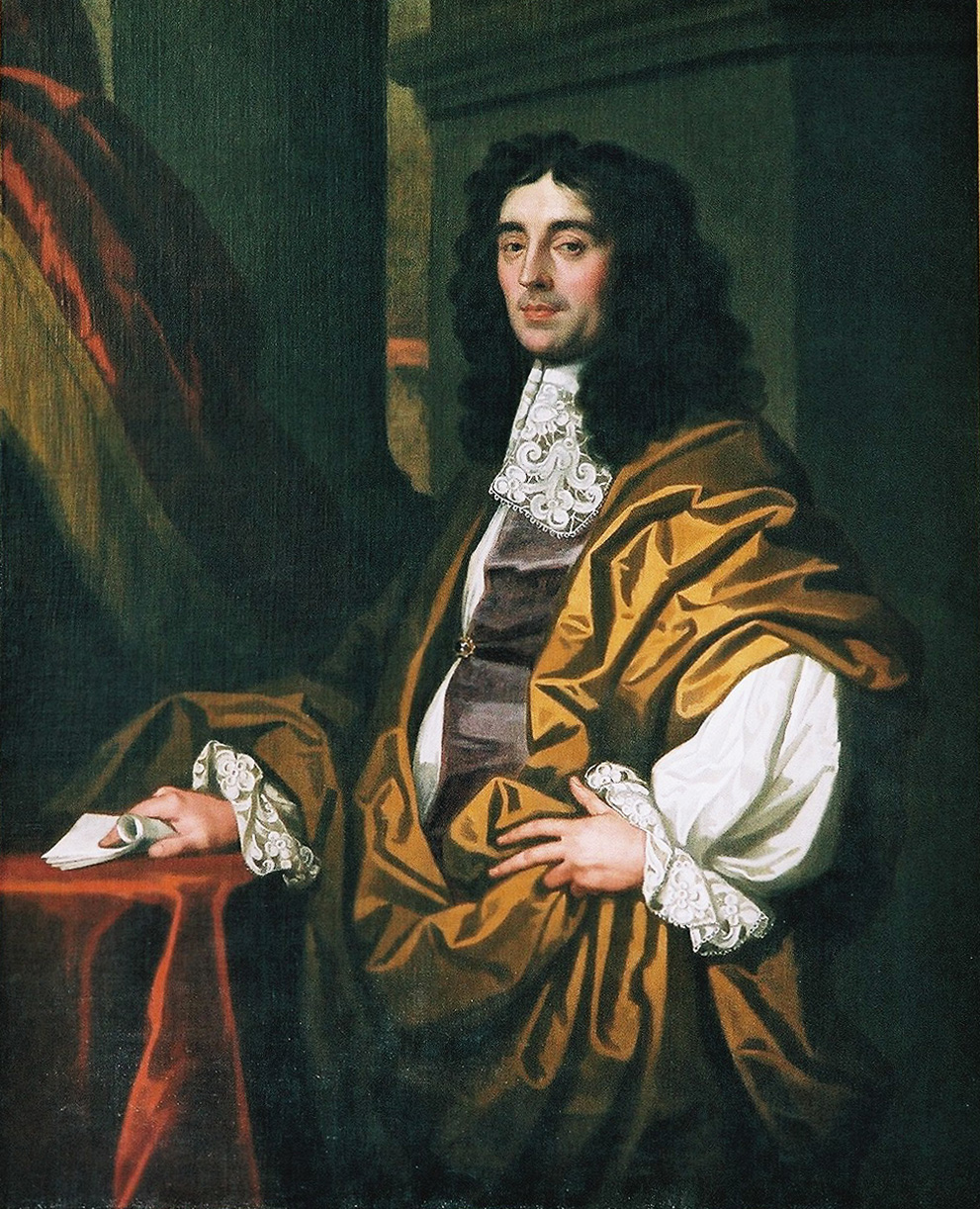Portrait of Sir Joseph Williamson made in oils, by Sir Peter Lely and his studio. It is a two-thirds portrait and shows Williamson in a three-quarter pose, one hand resting on his hip and the other resting on a table draped in red fabric. The hand on the table holds a sheaf of papers. The fabrics Williamson wears and the drapery wrapped around him indicate a taste for luxurious goods.