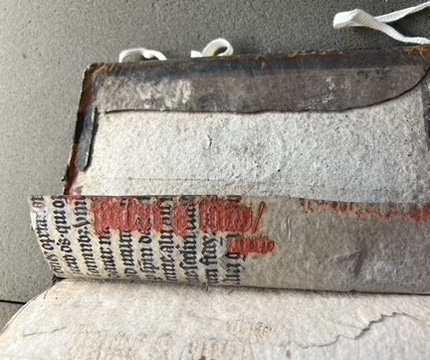 Missal fragment recycled as spine support. The crust of red ink indicates this fragment served an intermediatory function as a frisket sheet for the printing of red ink.