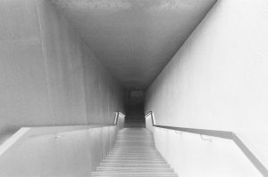 A black and white photo looking down a staircase. 2nd Place in Perception category. Title: Stairwell by Rivka Mitchell