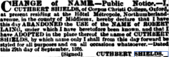 A newspaper clipping showing the notice of Robert Laing's change of name to Cuthbert Shields.